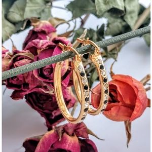 NWOT Cracco Hoop Earrings Gold Black Rhinestone
